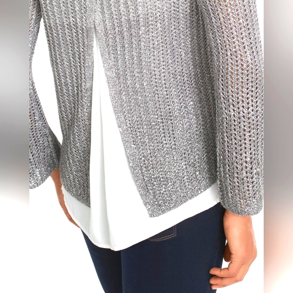White House Black Market|Sequin Ombre Twofer Crew Neck Sweater Back Slit Shimmer - Picture 4 of 16